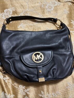 Michael Kors Black Leather Shoulder Hobo with Gold MK Emblem
